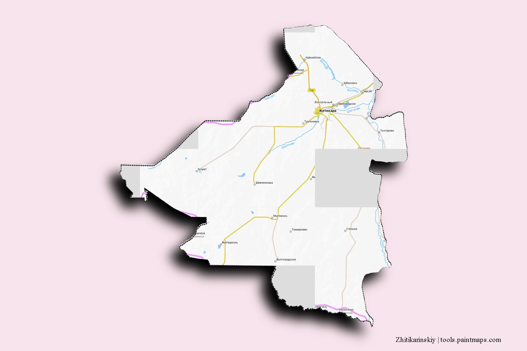 Mapa de barrios y pueblos de Zhitikarinskiy con efecto de sombra 3D