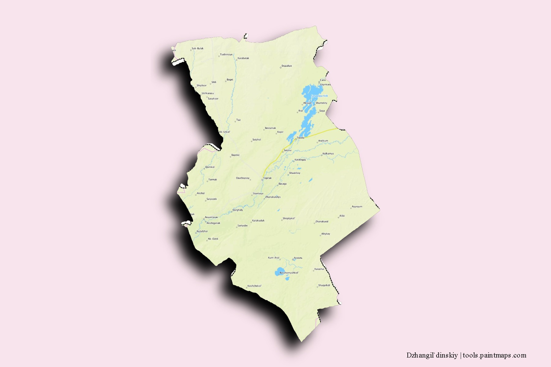 Mapa de barrios y pueblos de Dzhangil`dinskiy con efecto de sombra 3D