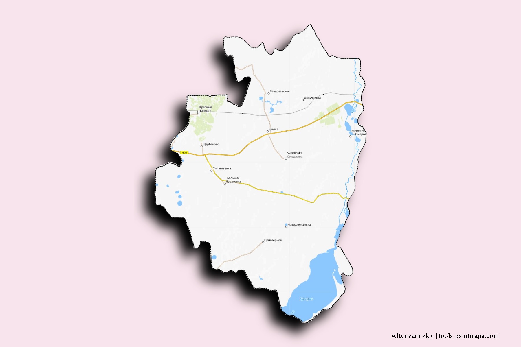 Mapa de barrios y pueblos de Altynsarinskiy con efecto de sombra 3D