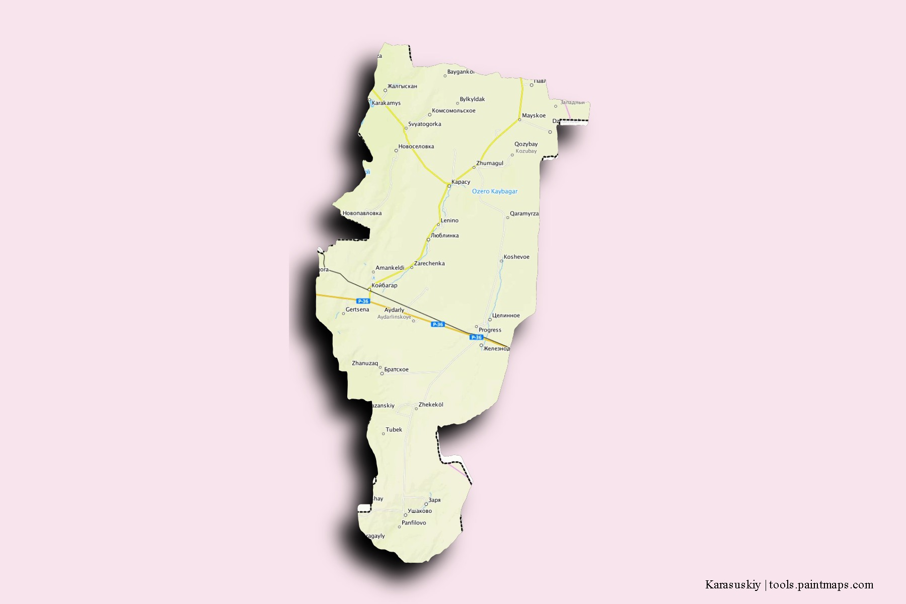 Mapa de barrios y pueblos de Karasuskiy con efecto de sombra 3D