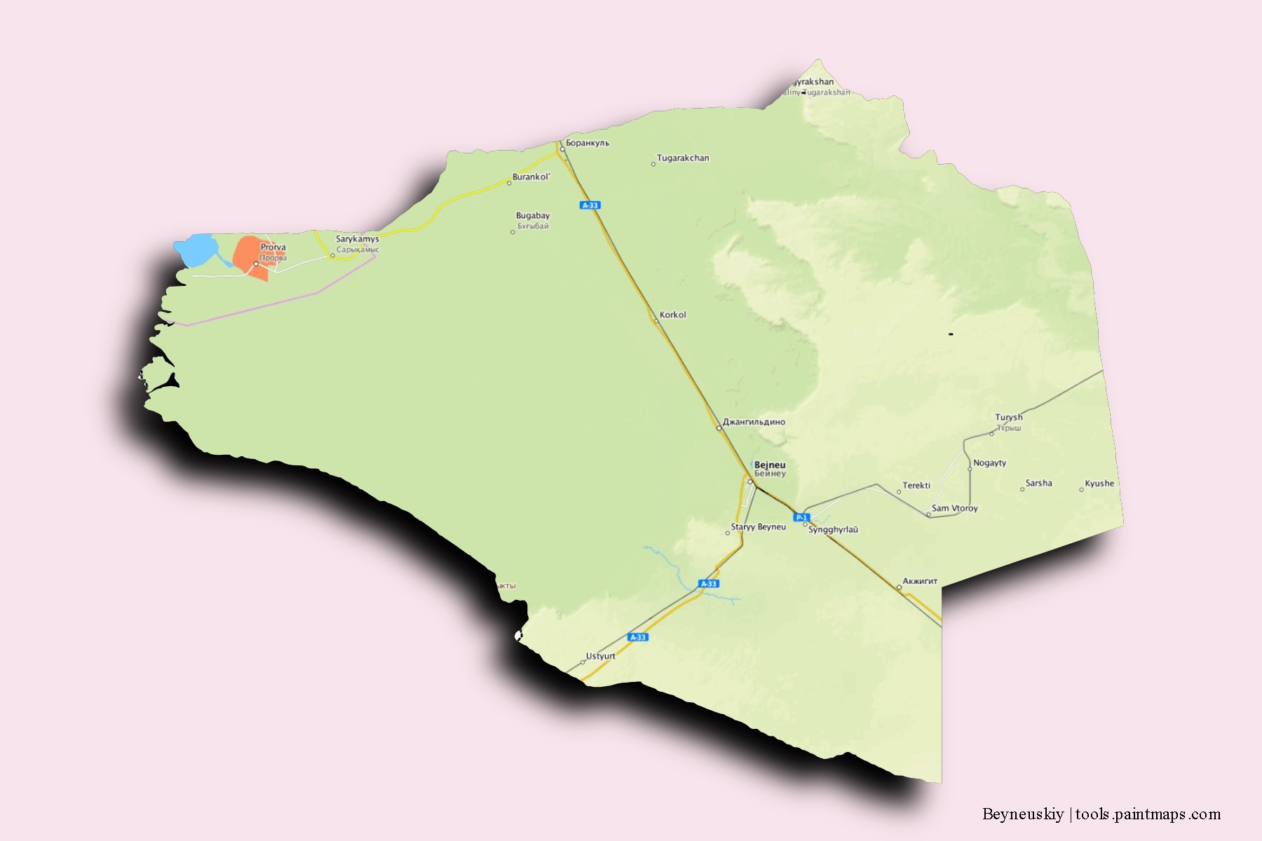 Mapa de barrios y pueblos de Beyneuskiy con efecto de sombra 3D