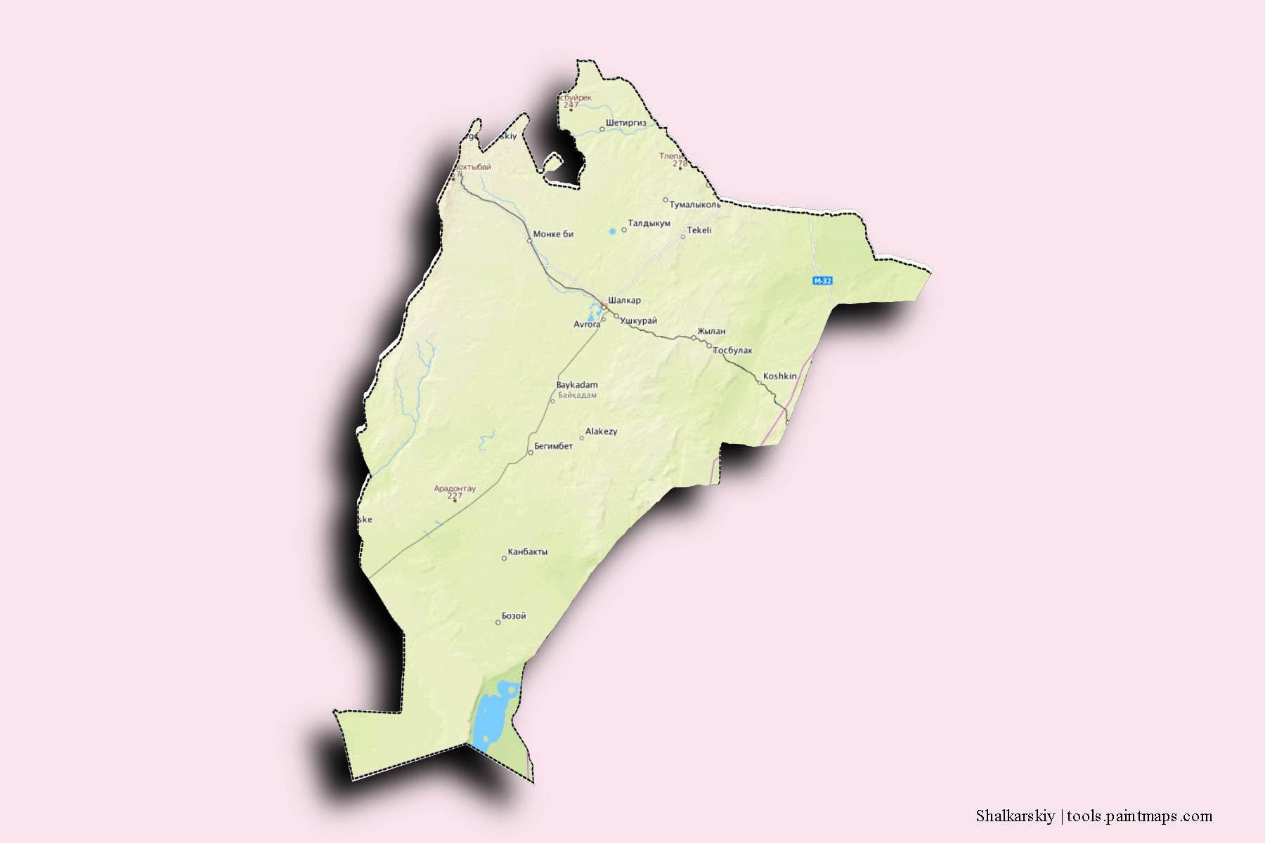 Mapa de barrios y pueblos de Shalkarskiy con efecto de sombra 3D