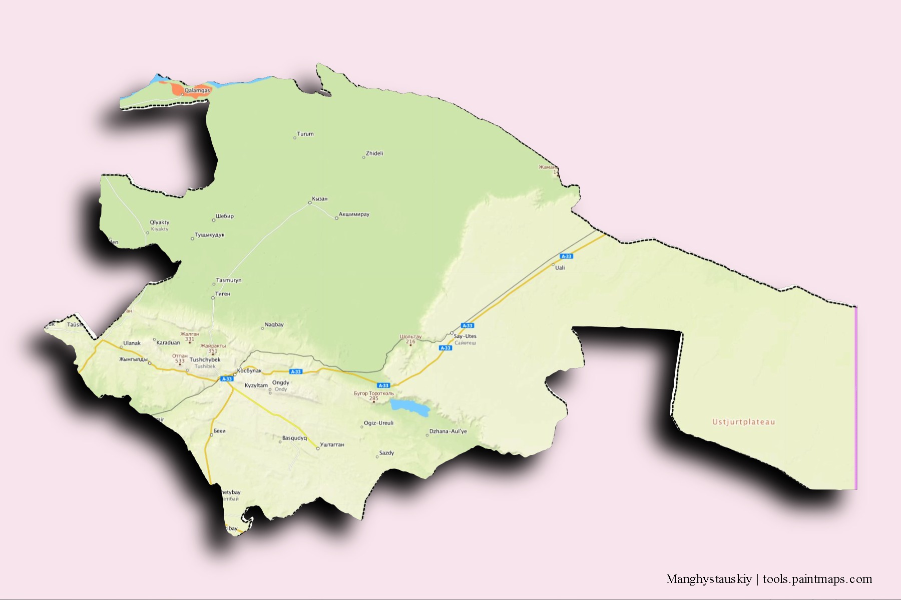 Mapa de barrios y pueblos de Manghystauskiy con efecto de sombra 3D