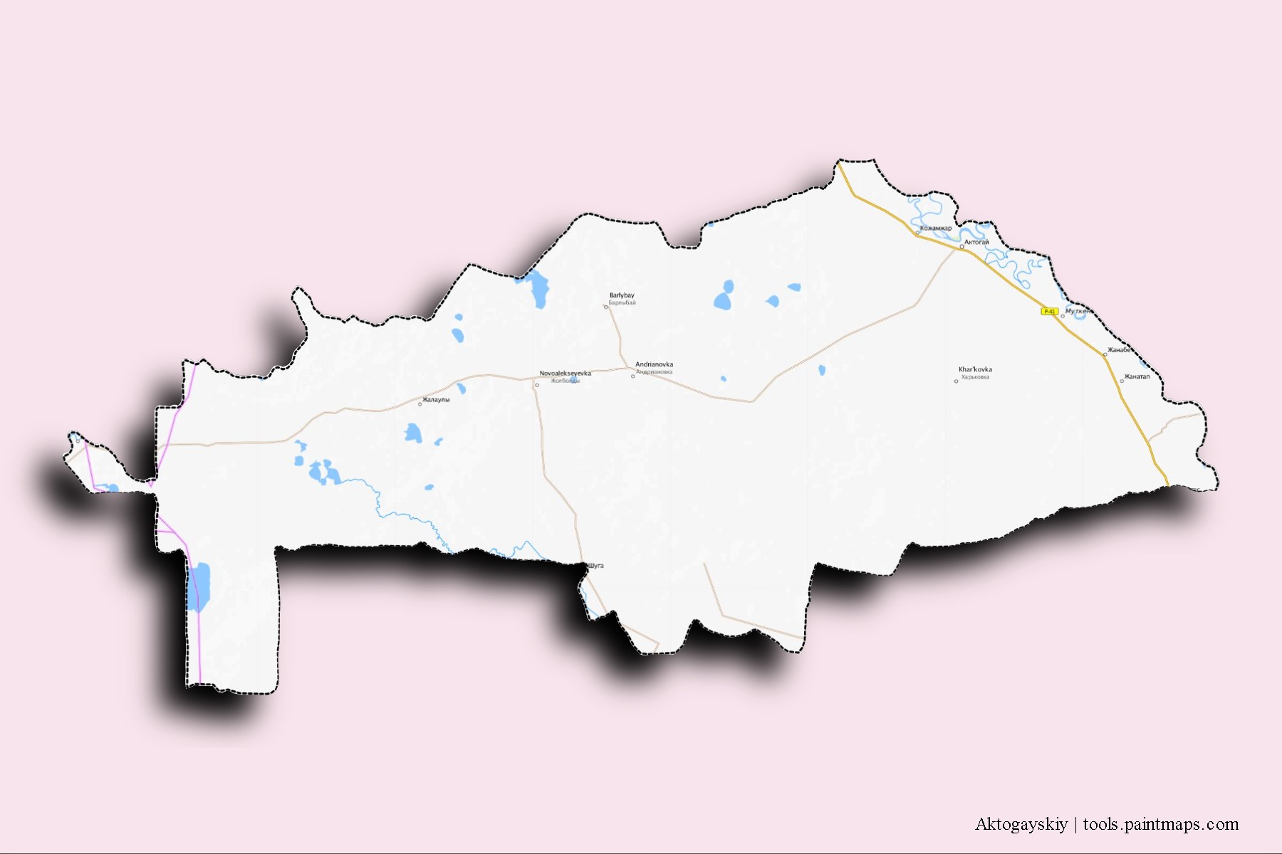 Mapa de barrios y pueblos de Aktogayskiy con efecto de sombra 3D