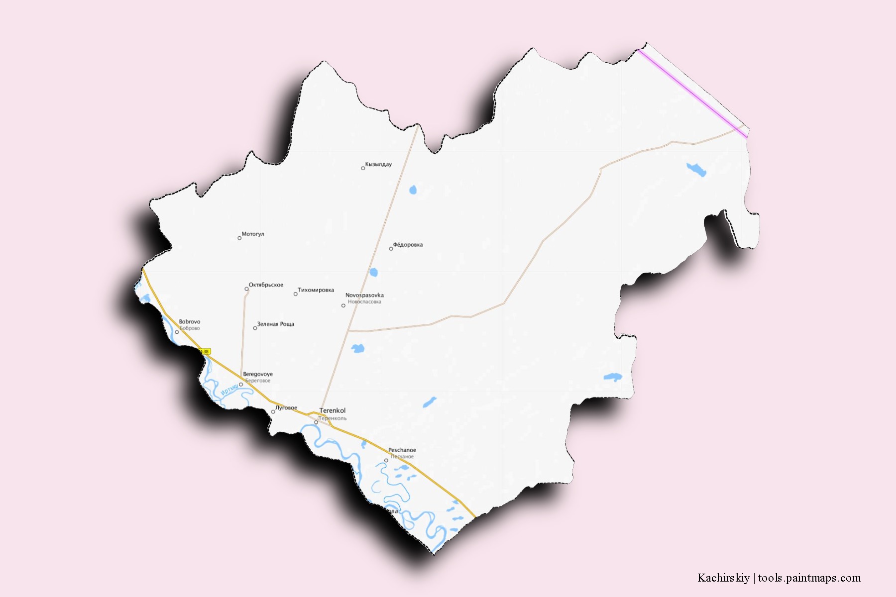 Mapa de barrios y pueblos de Kachirskiy con efecto de sombra 3D