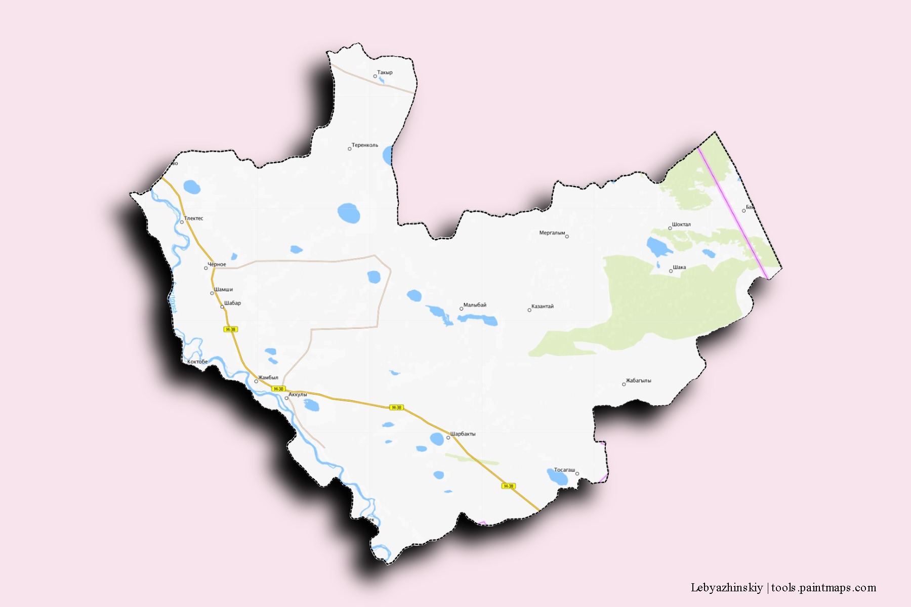 Mapa de barrios y pueblos de Lebyazhinskiy con efecto de sombra 3D