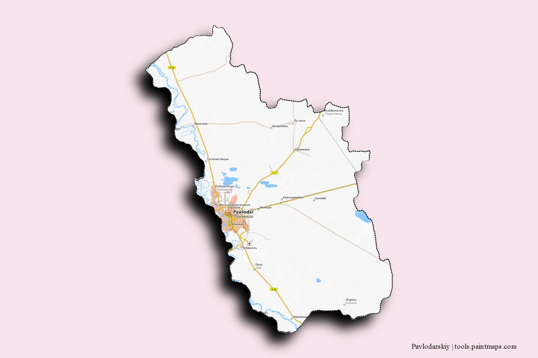 Mapa de barrios y pueblos de Pavlodarskiy con efecto de sombra 3D