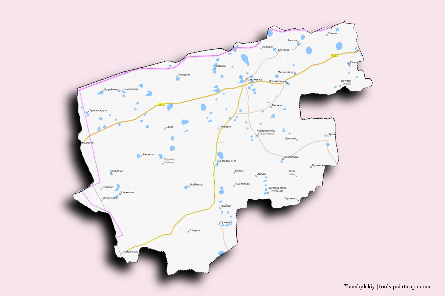 Mapa de barrios y pueblos de Zhambylskiy con efecto de sombra 3D