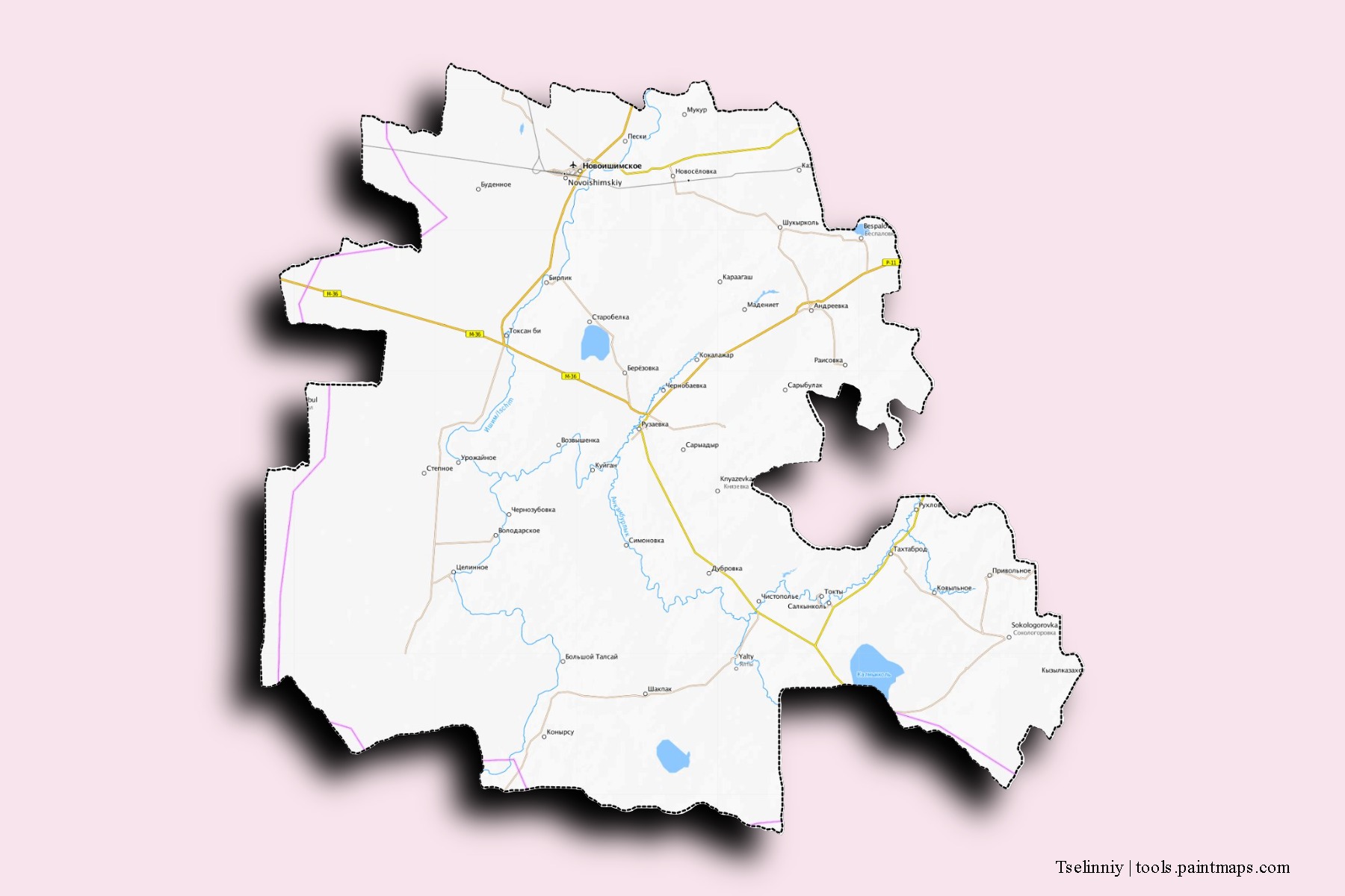 Mapa de barrios y pueblos de Tselinniy con efecto de sombra 3D