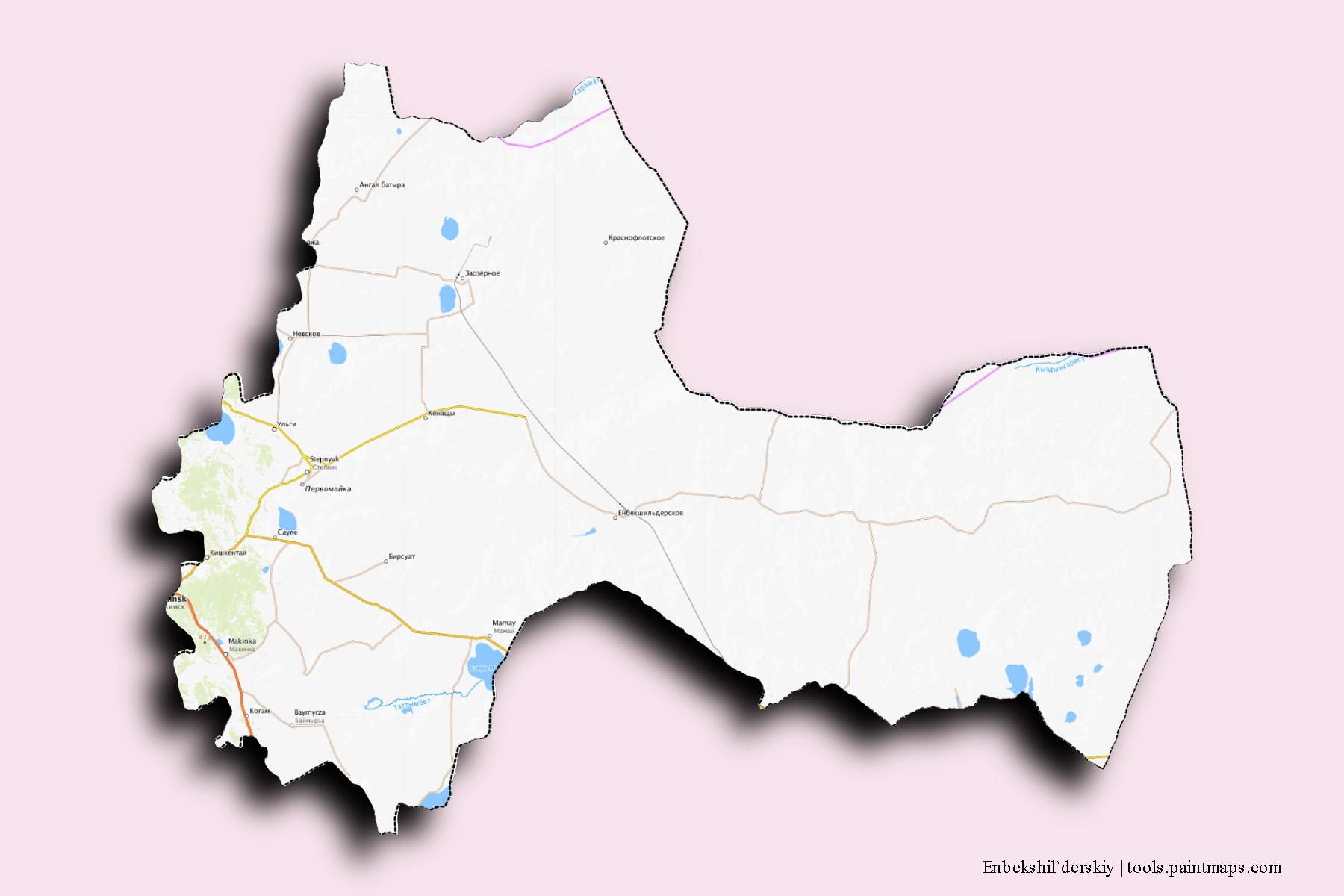 Mapa de barrios y pueblos de Enbekshil`derskiy con efecto de sombra 3D