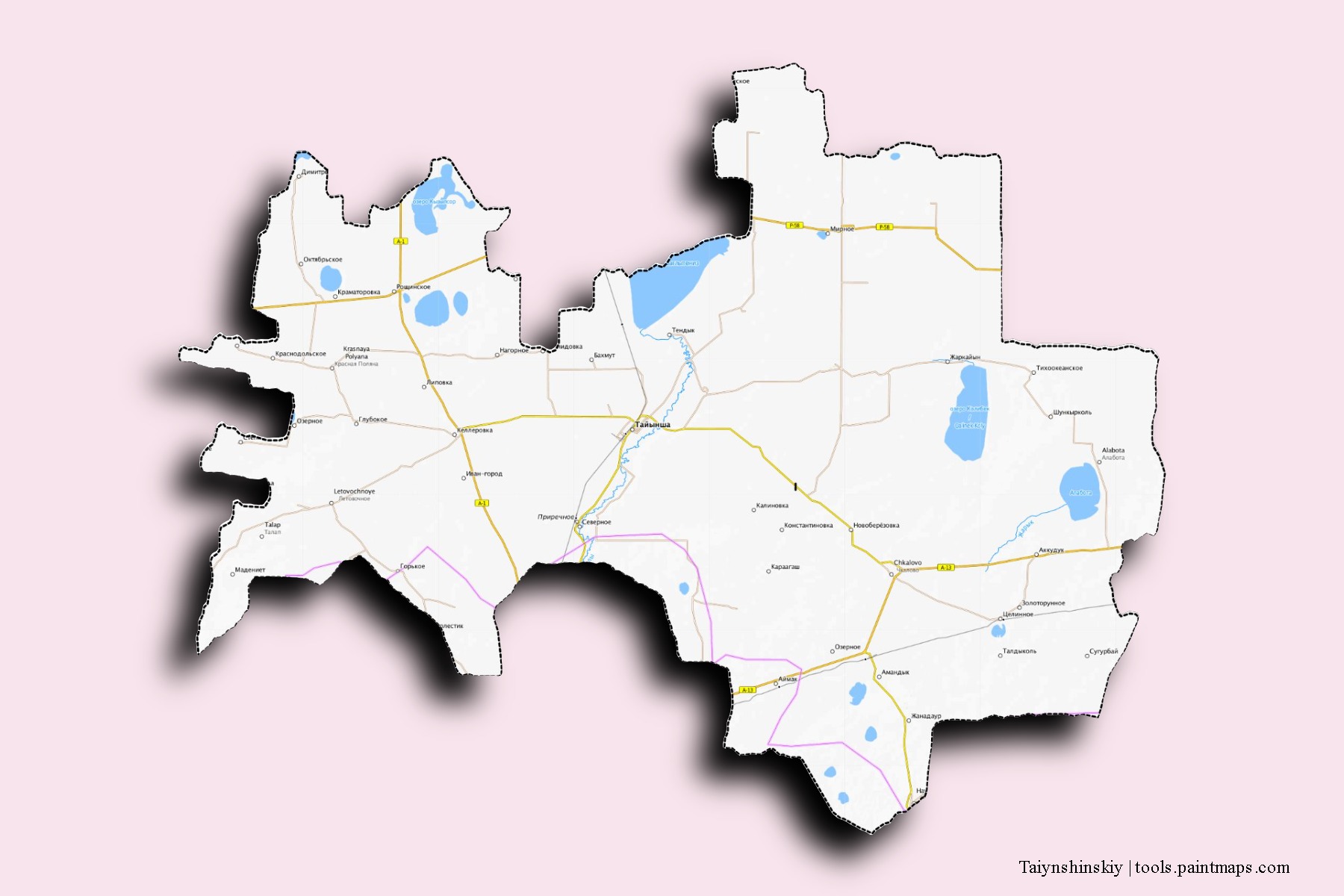 Mapa de barrios y pueblos de Taiynshinskiy con efecto de sombra 3D