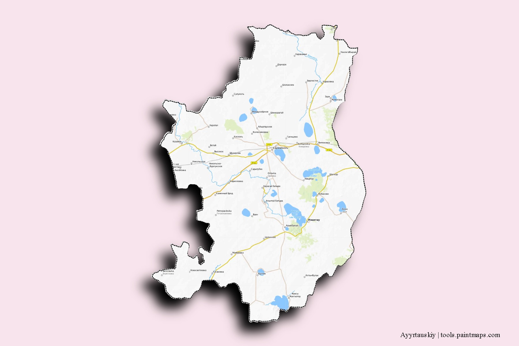 Mapa de barrios y pueblos de Ayyrtauskiy con efecto de sombra 3D