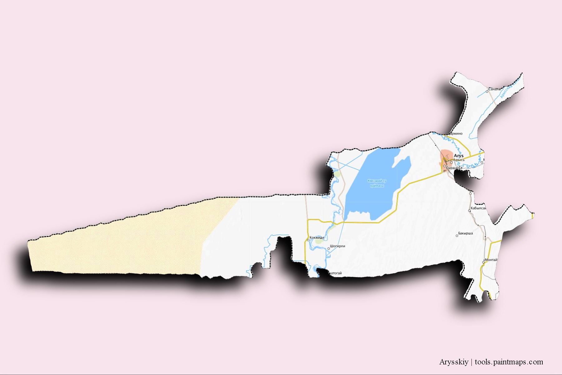 Mapa de barrios y pueblos de Arysskiy con efecto de sombra 3D