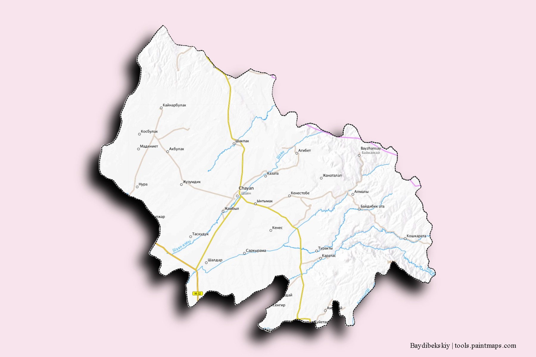 Mapa de barrios y pueblos de Baydibekskiy con efecto de sombra 3D