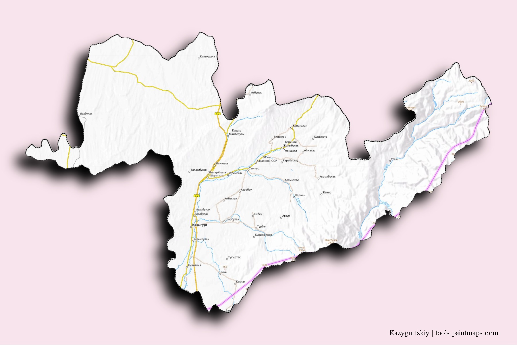 Mapa de barrios y pueblos de Kazygurtskiy con efecto de sombra 3D