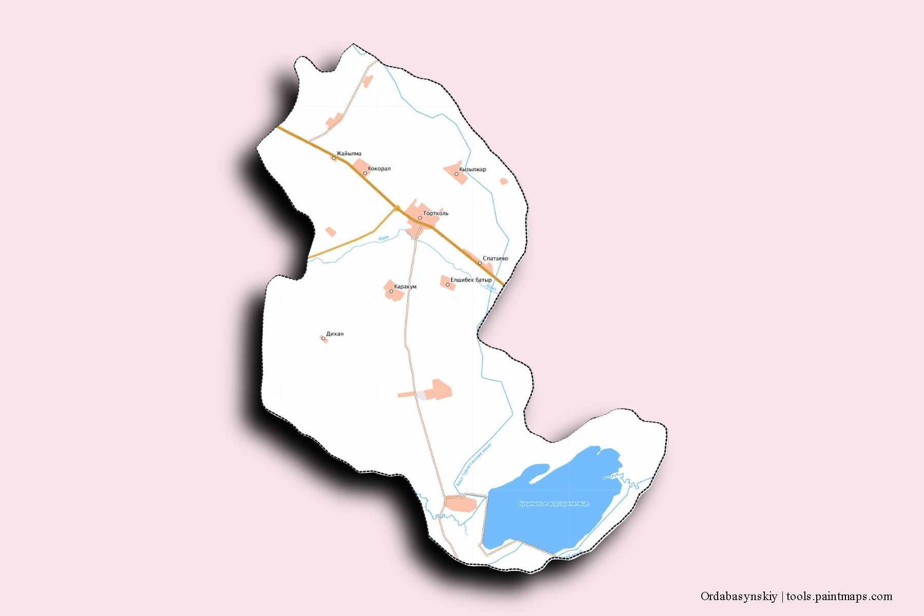 Mapa de barrios y pueblos de Ordabasynskiy con efecto de sombra 3D