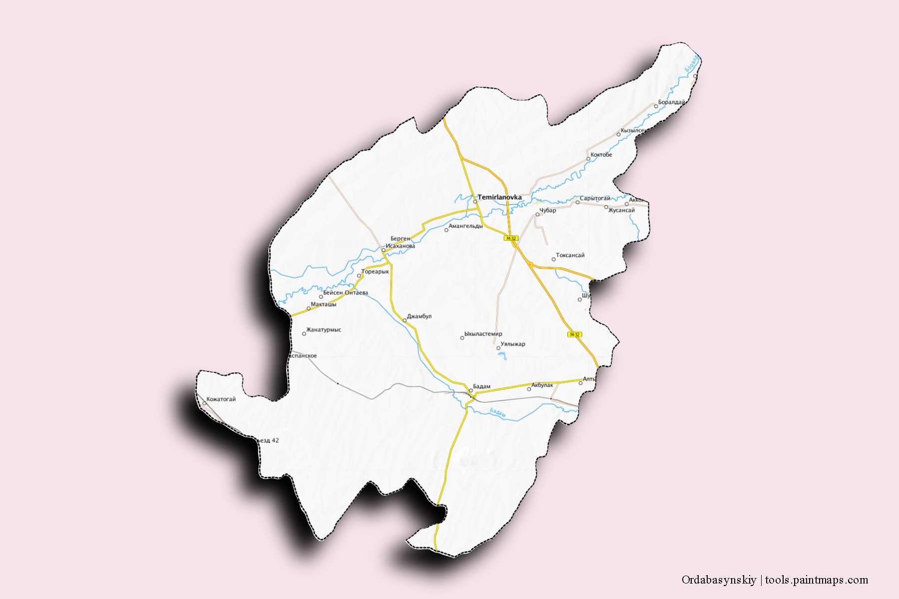 Mapa de barrios y pueblos de Ordabasynskiy con efecto de sombra 3D