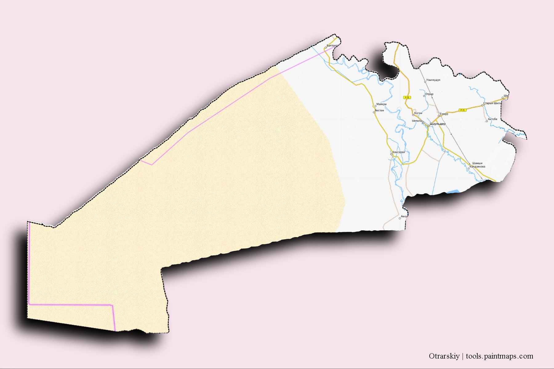 Mapa de barrios y pueblos de Otrarskiy con efecto de sombra 3D