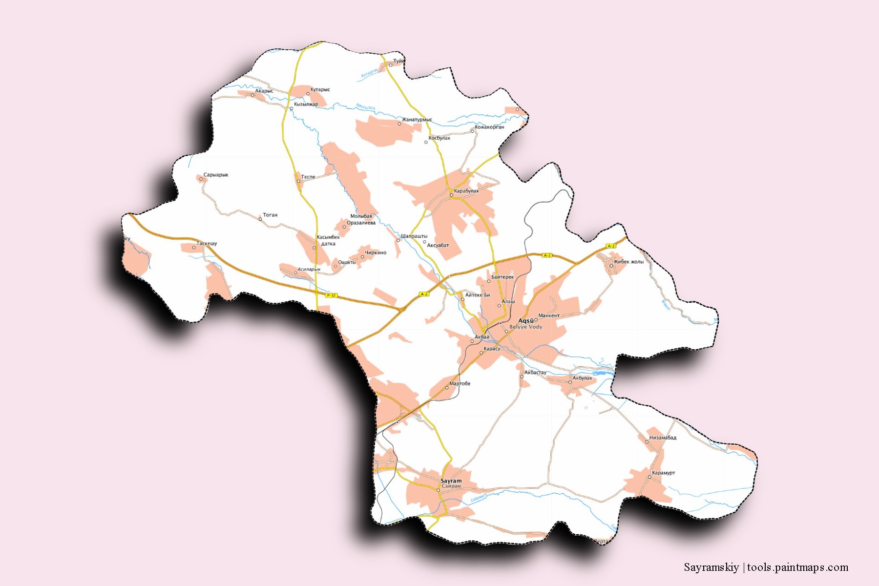 Mapa de barrios y pueblos de Sayramskiy con efecto de sombra 3D