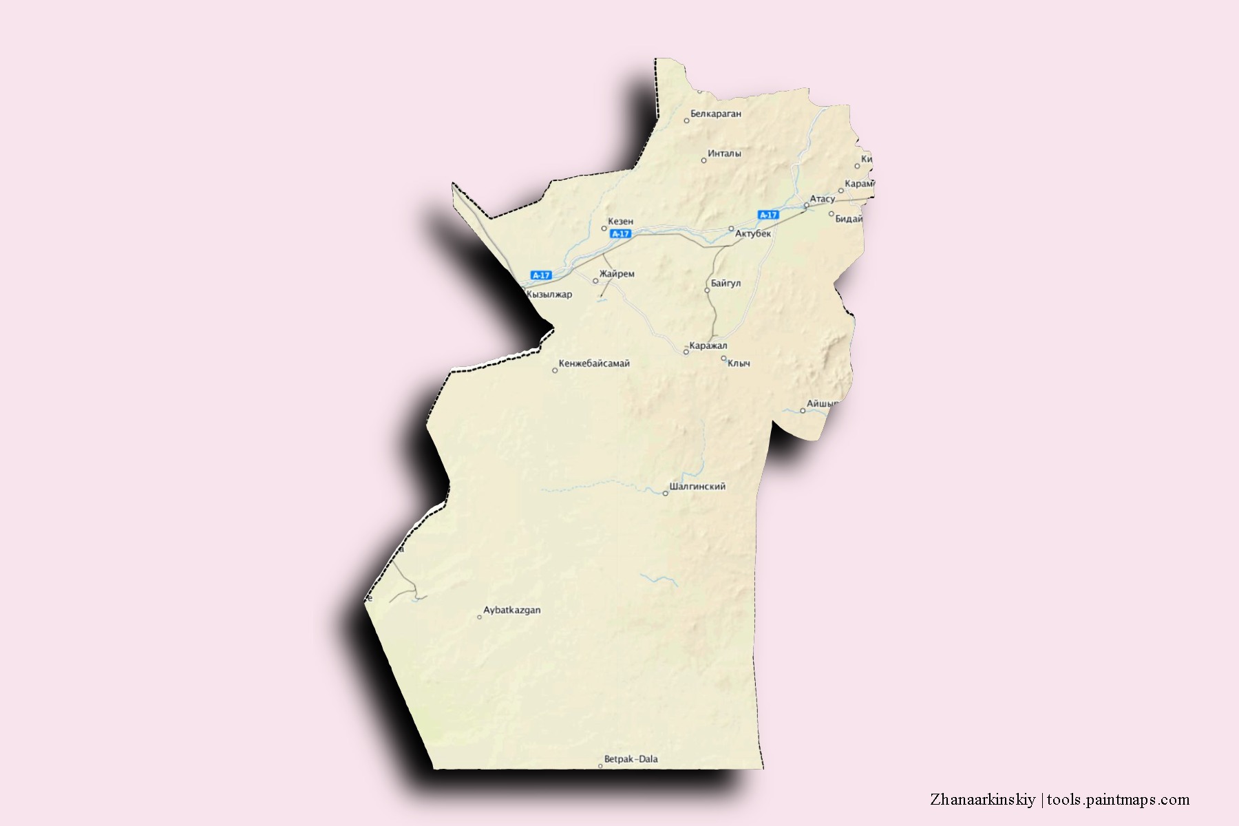 Mapa de barrios y pueblos de Zhanaarkinskiy con efecto de sombra 3D