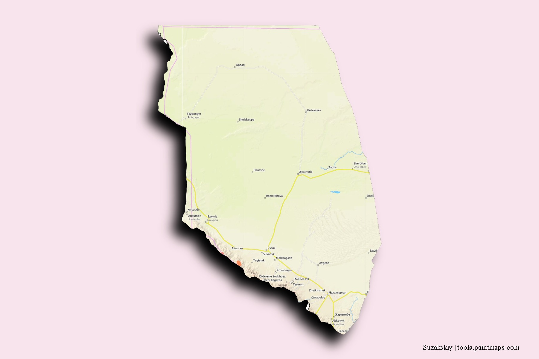 Mapa de barrios y pueblos de Suzakskiy con efecto de sombra 3D