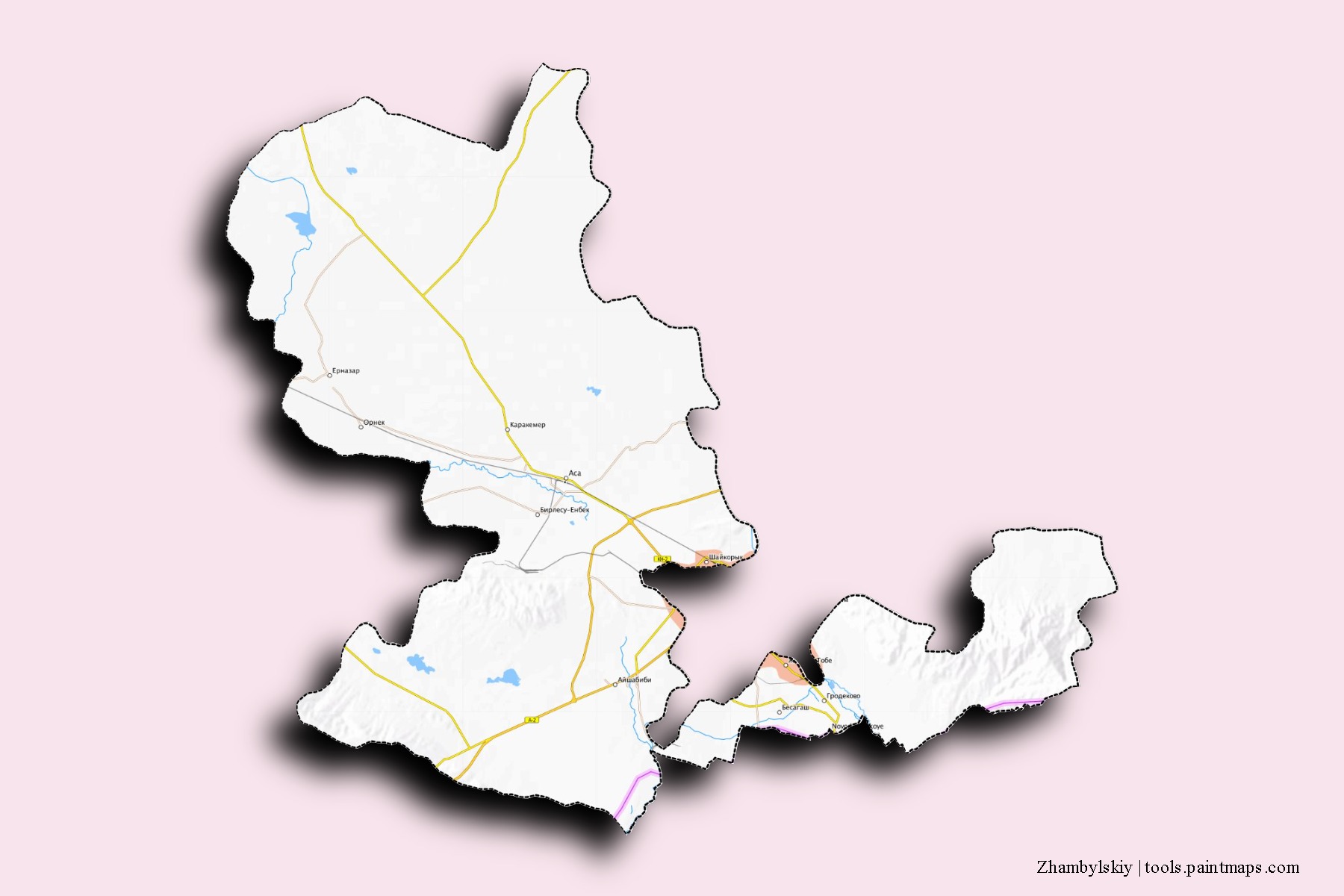 Mapa de barrios y pueblos de Zhambylskiy con efecto de sombra 3D