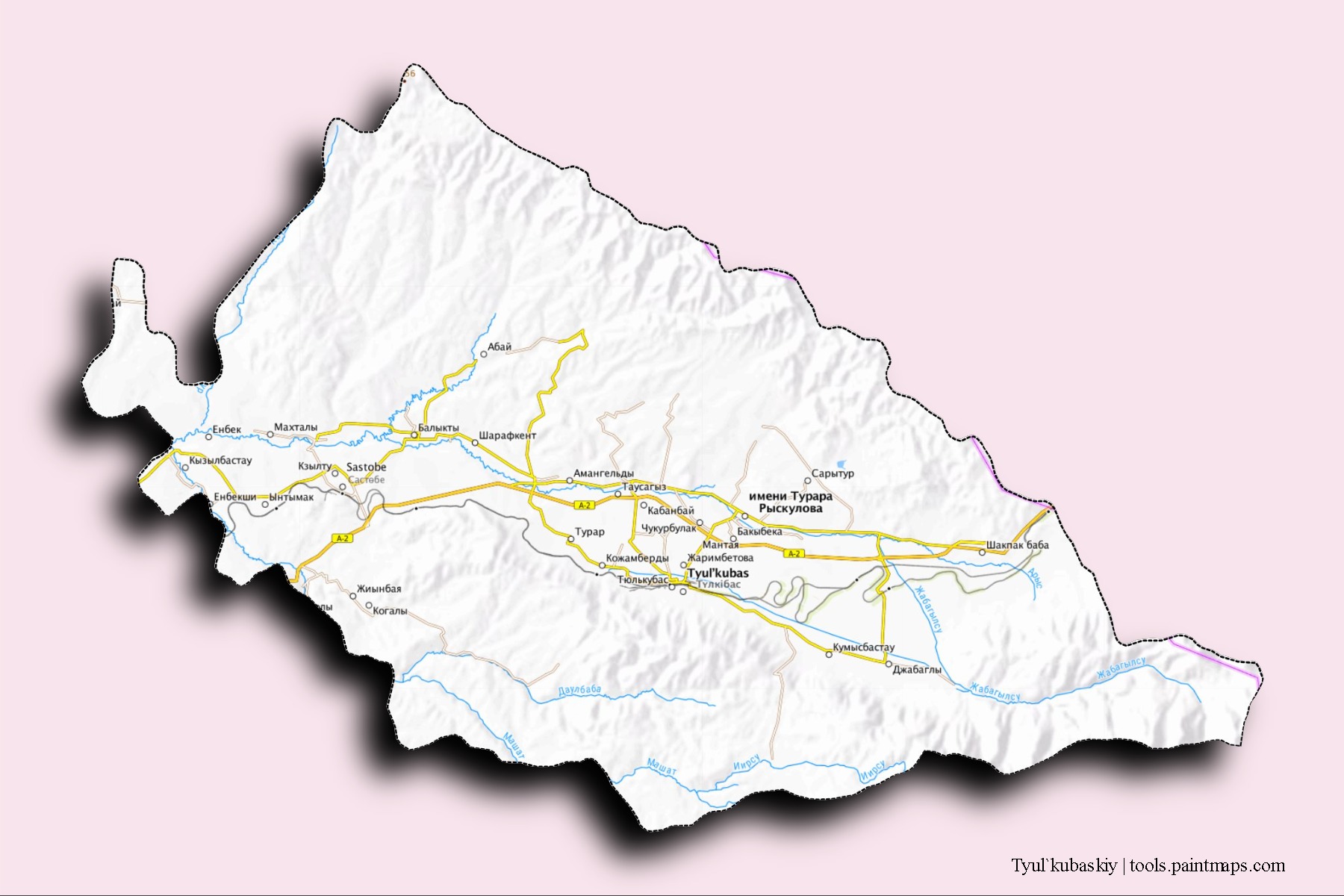 Mapa de barrios y pueblos de Tyul`kubaskiy con efecto de sombra 3D