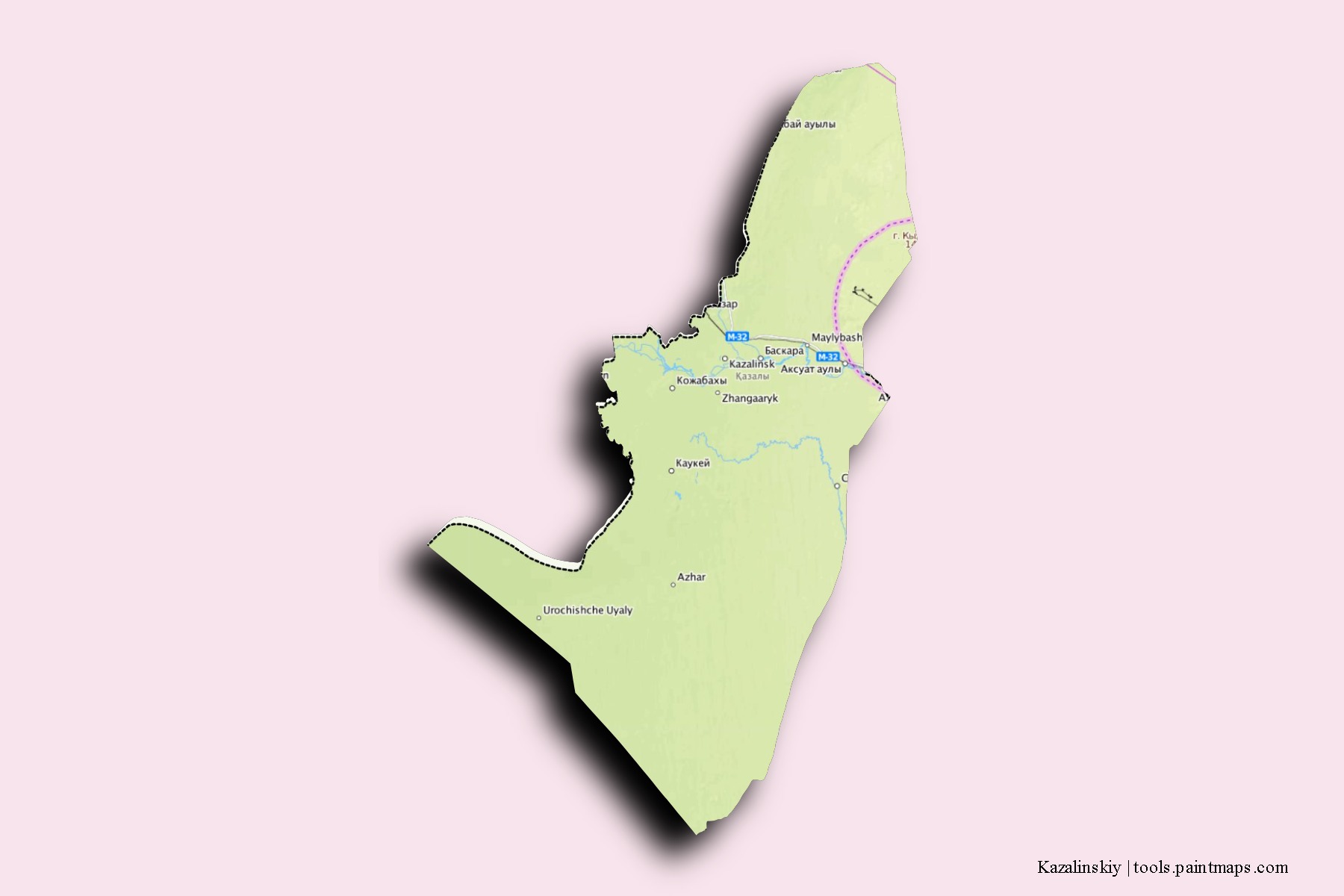 Mapa de barrios y pueblos de Kazalinskiy con efecto de sombra 3D