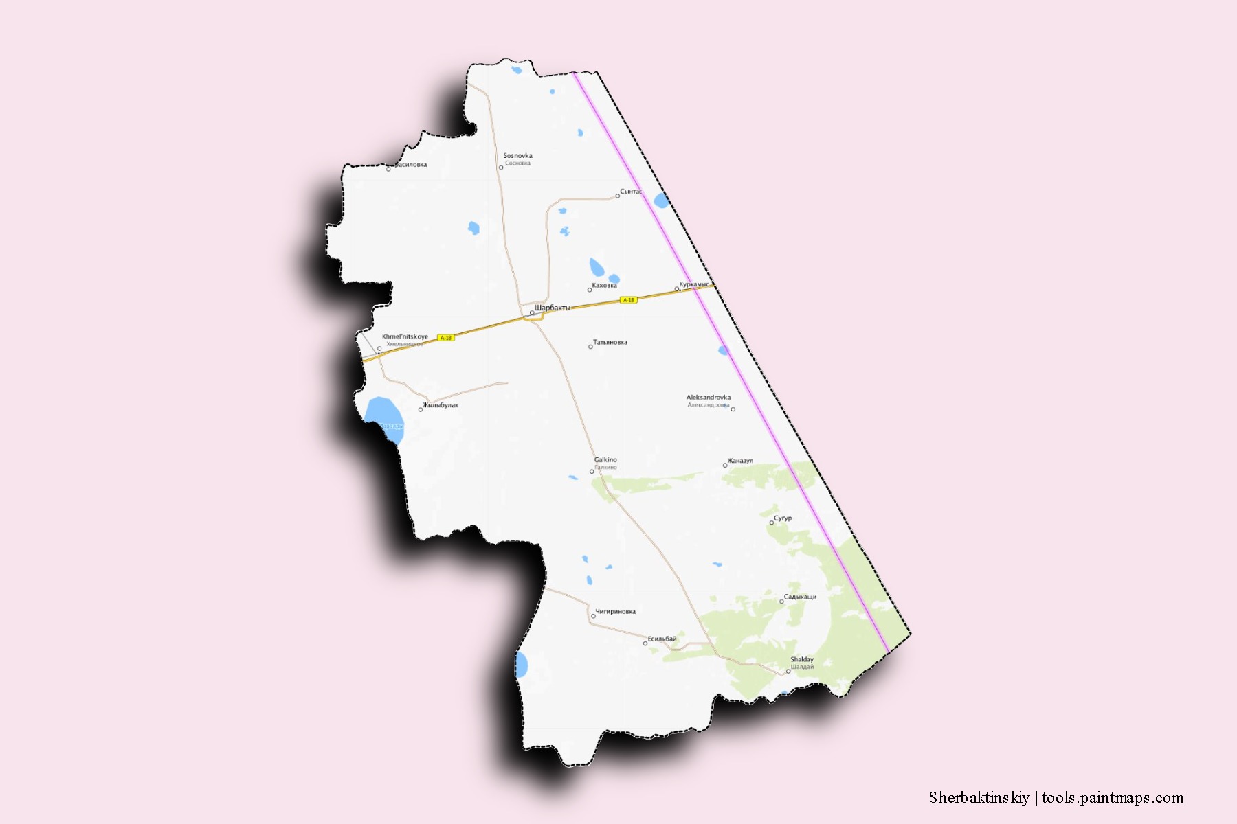 Mapa de barrios y pueblos de Sherbaktinskiy con efecto de sombra 3D