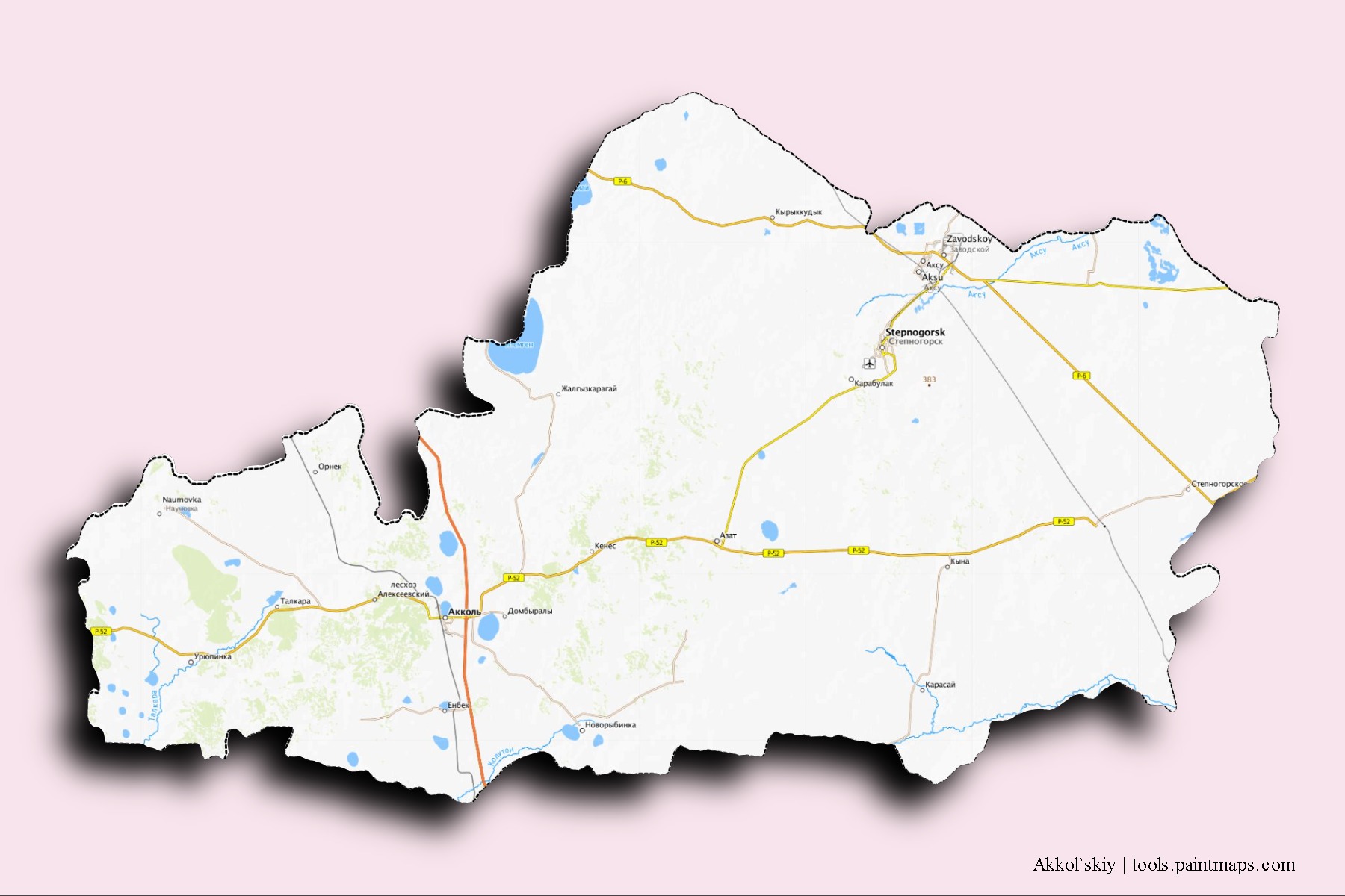 Mapa de barrios y pueblos de Akkol`skiy con efecto de sombra 3D