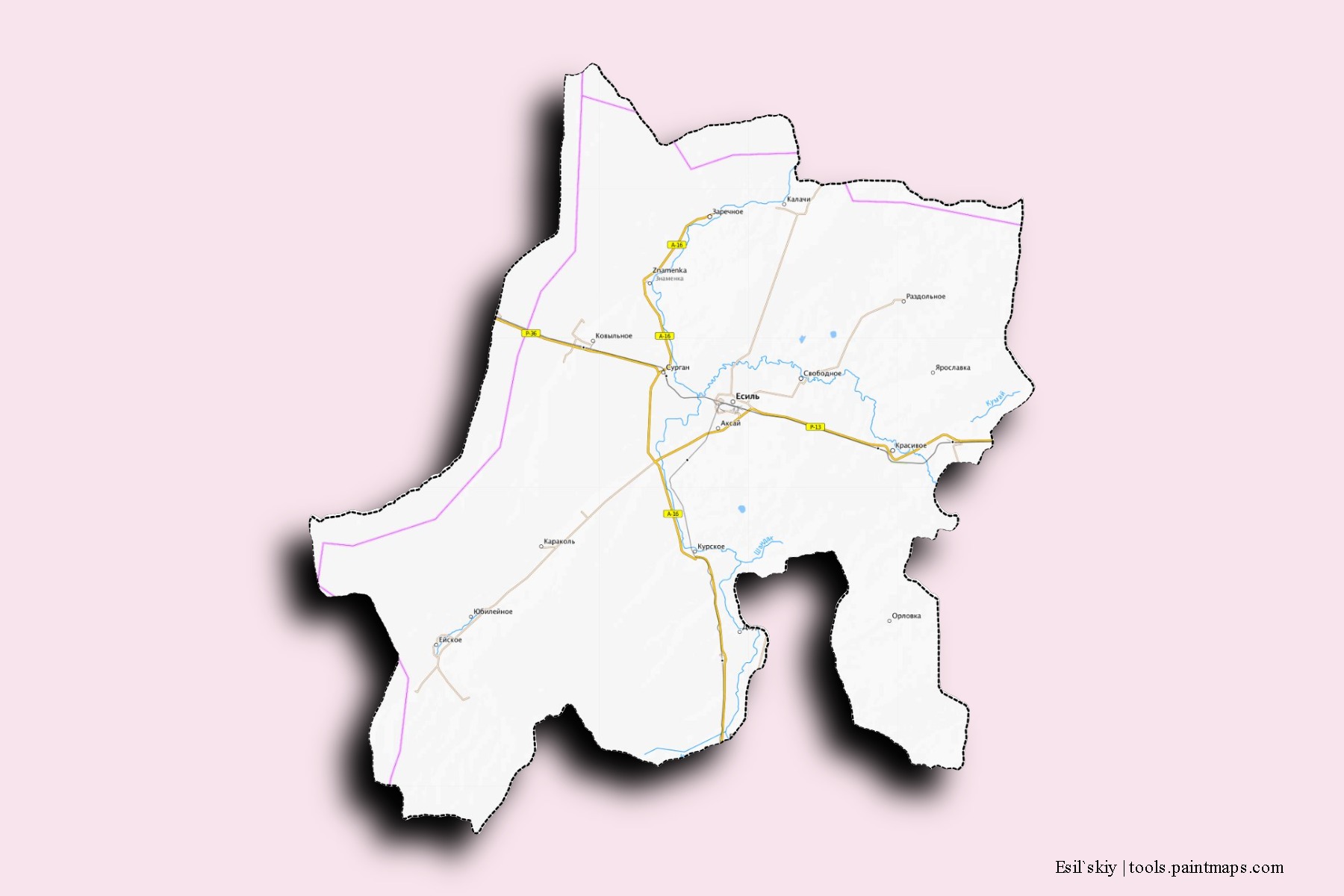 Mapa de barrios y pueblos de Esil`skiy con efecto de sombra 3D