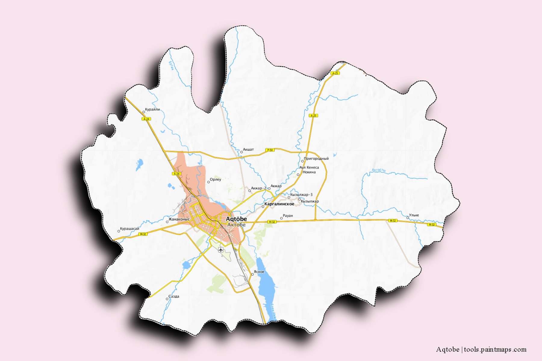 Mapa de barrios y pueblos de Aqtobe con efecto de sombra 3D