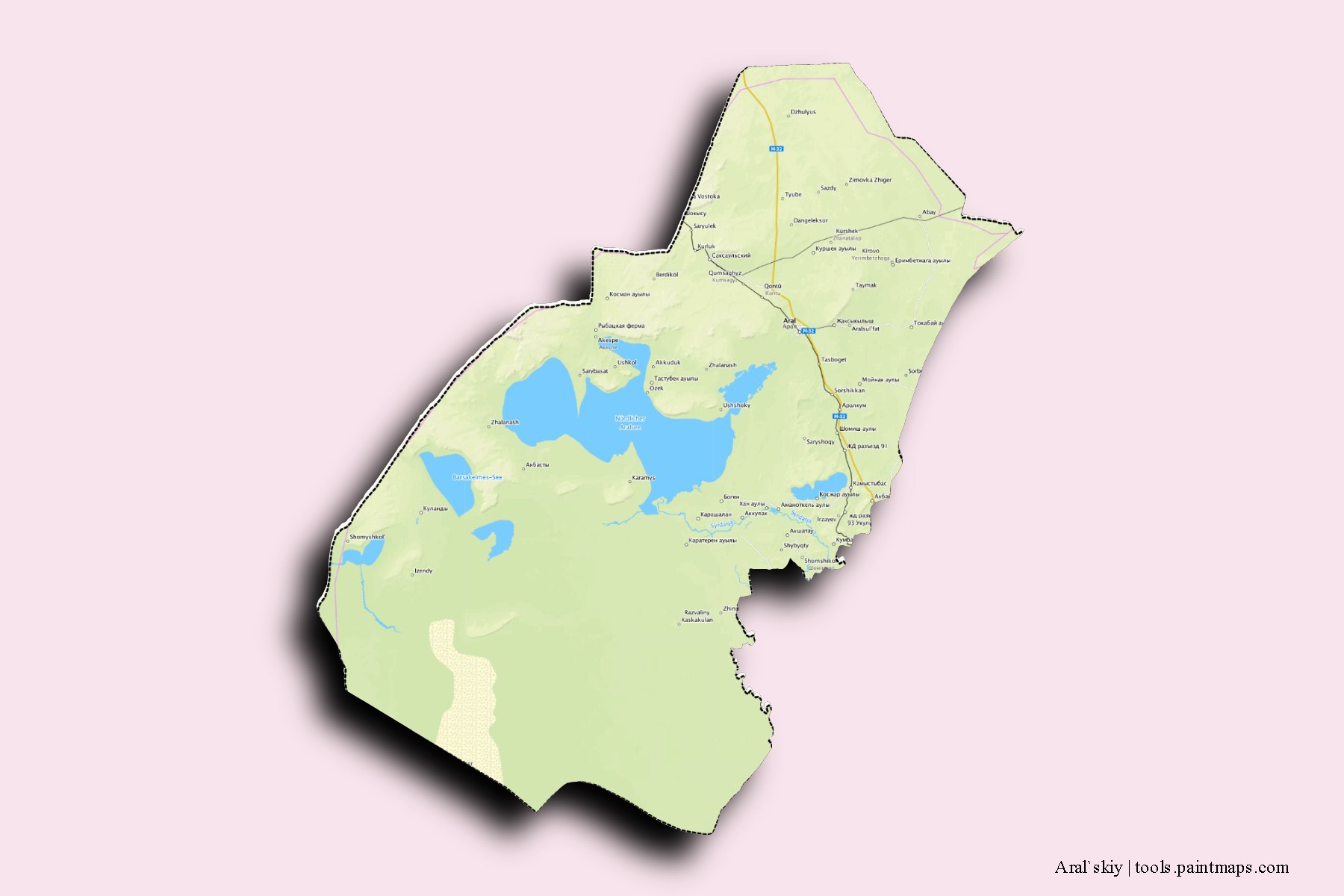 Mapa de barrios y pueblos de Aral`skiy con efecto de sombra 3D