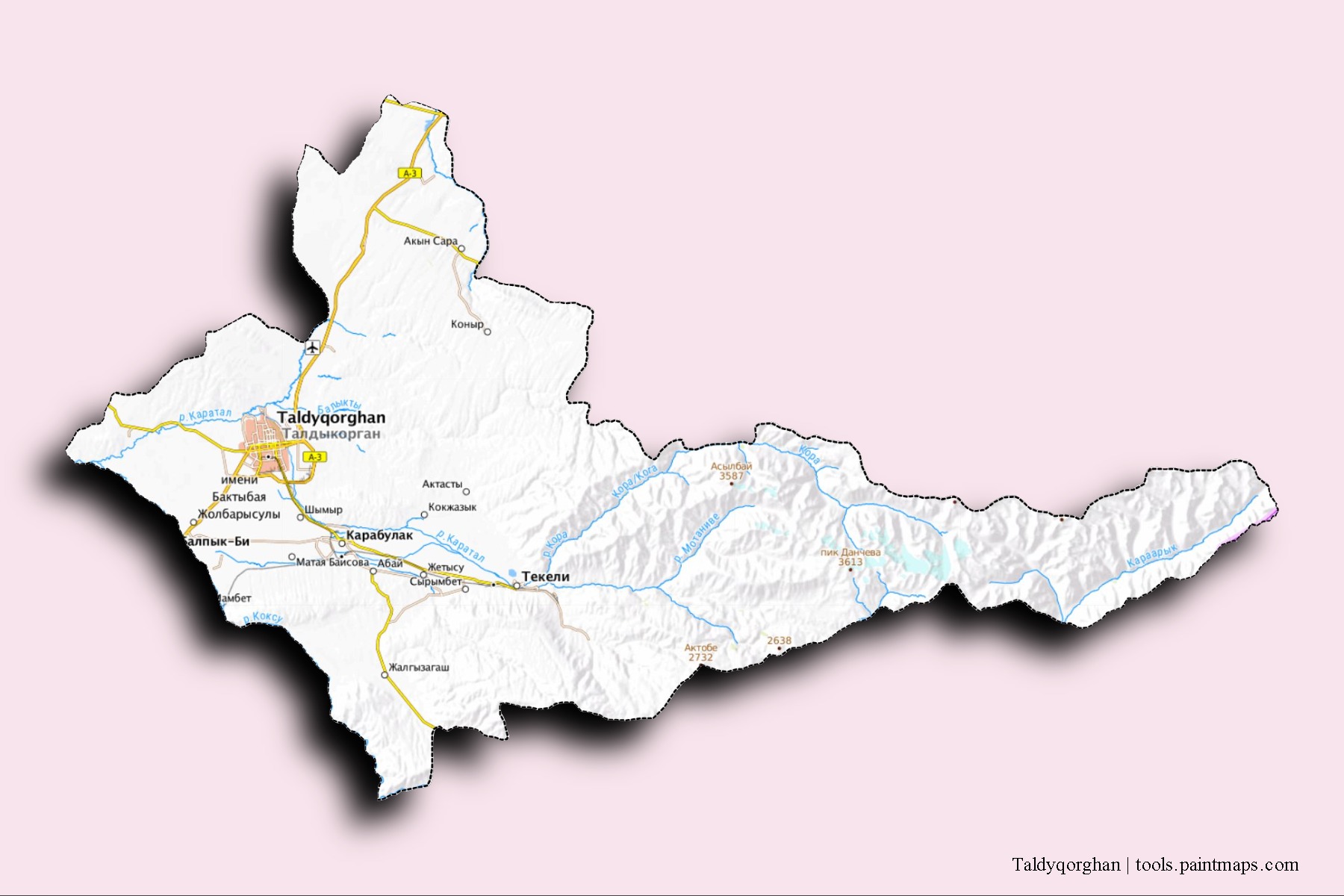 Mapa de barrios y pueblos de Taldyqorghan con efecto de sombra 3D