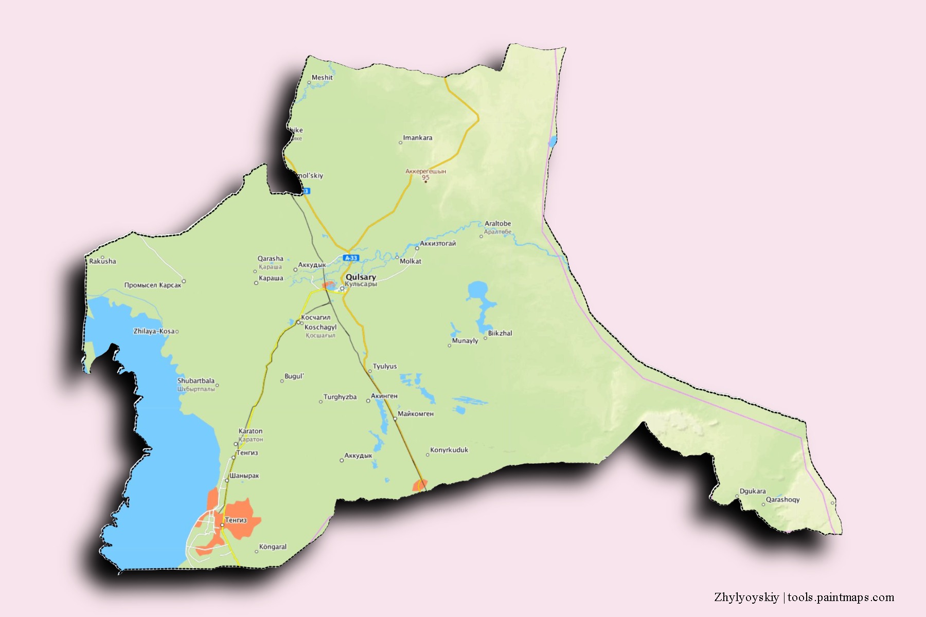 Mapa de barrios y pueblos de Zhylyoyskiy con efecto de sombra 3D