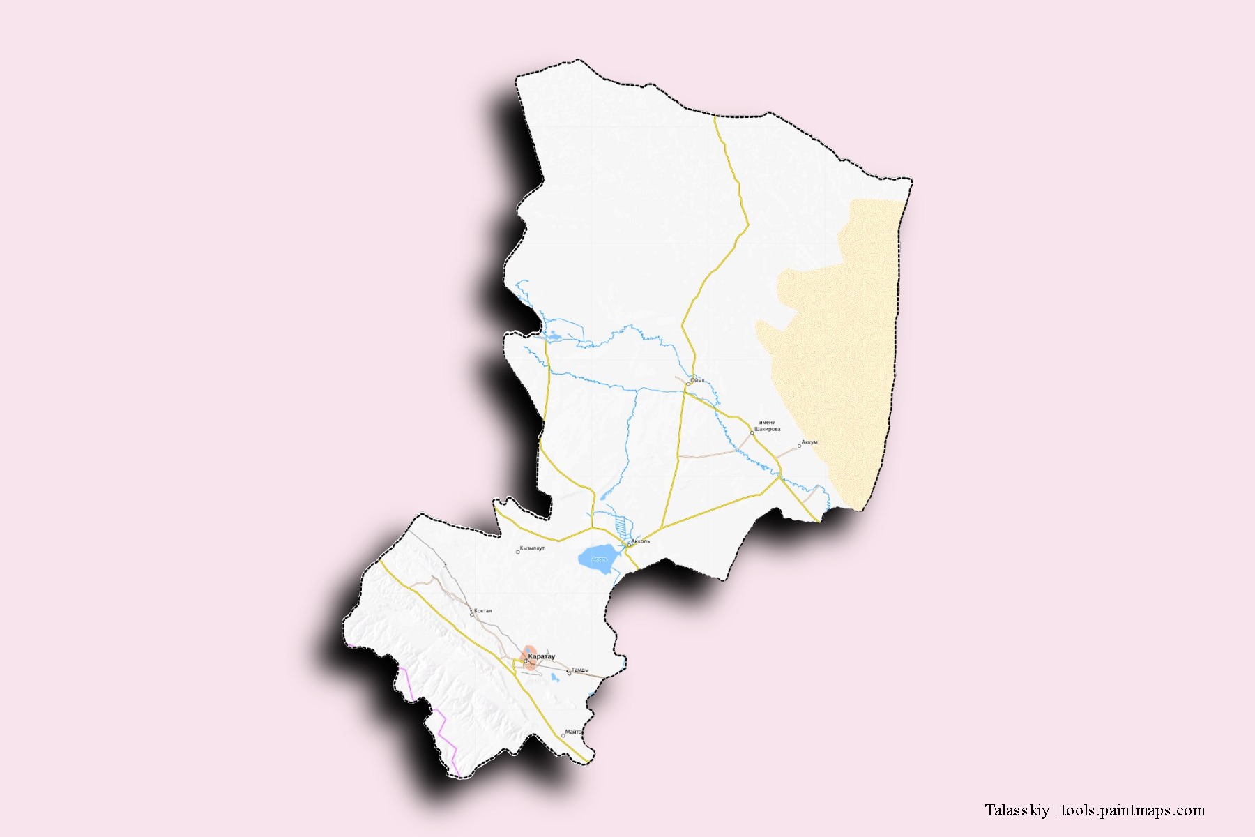 Mapa de barrios y pueblos de Talasskiy con efecto de sombra 3D