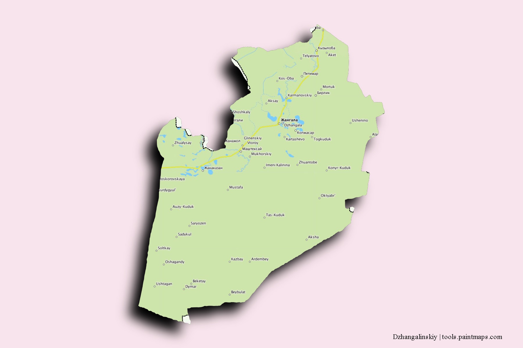 Mapa de barrios y pueblos de Dzhangalinskiy con efecto de sombra 3D