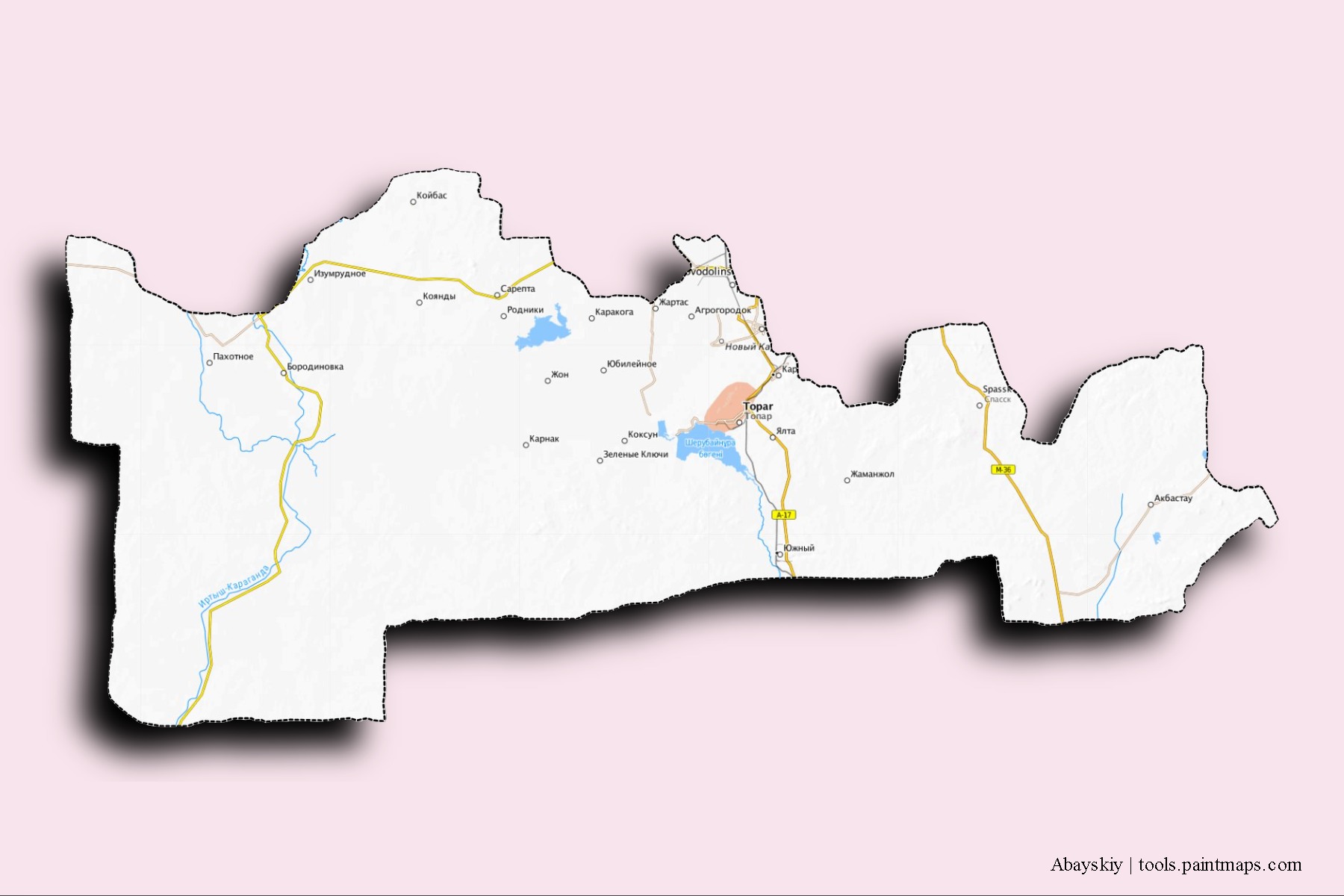 Mapa de barrios y pueblos de Abayskiy con efecto de sombra 3D