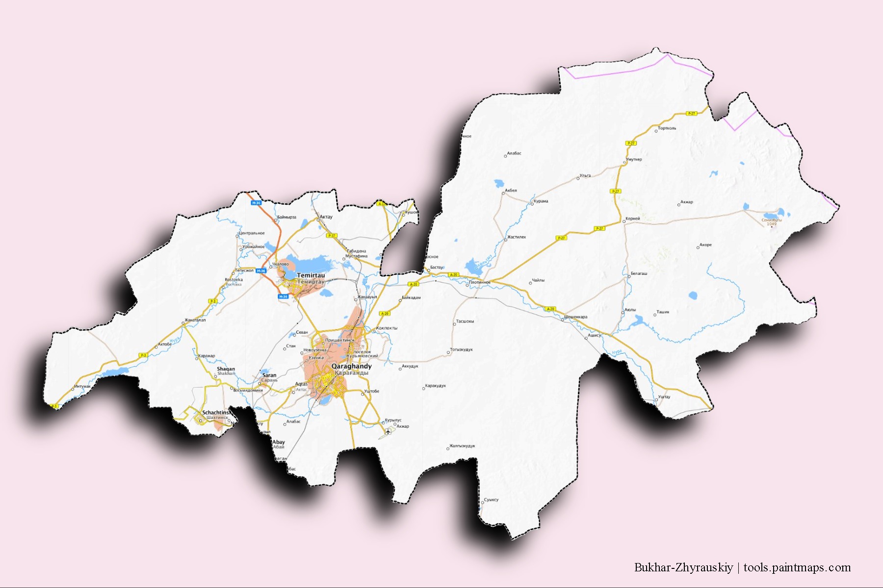 Mapa de barrios y pueblos de Bukhar-Zhyrauskiy con efecto de sombra 3D