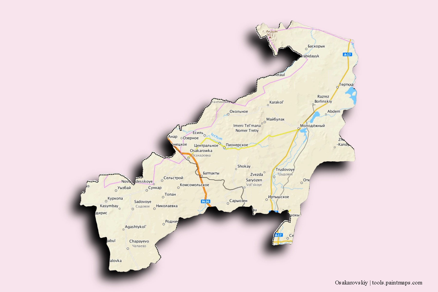 Mapa de barrios y pueblos de Osakarovskiy con efecto de sombra 3D