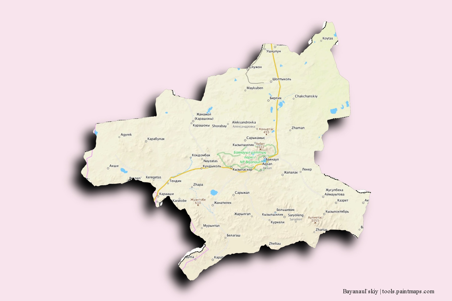 Mapa de barrios y pueblos de Bayanaul`skiy con efecto de sombra 3D