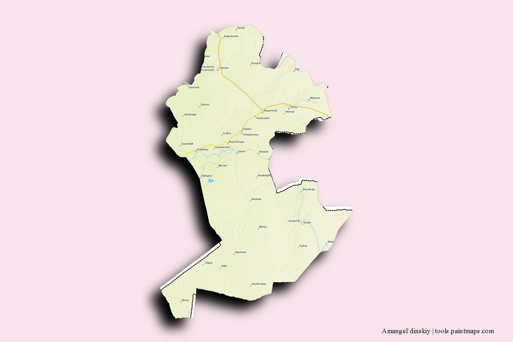 Mapa de barrios y pueblos de Amangel`dinskiy con efecto de sombra 3D