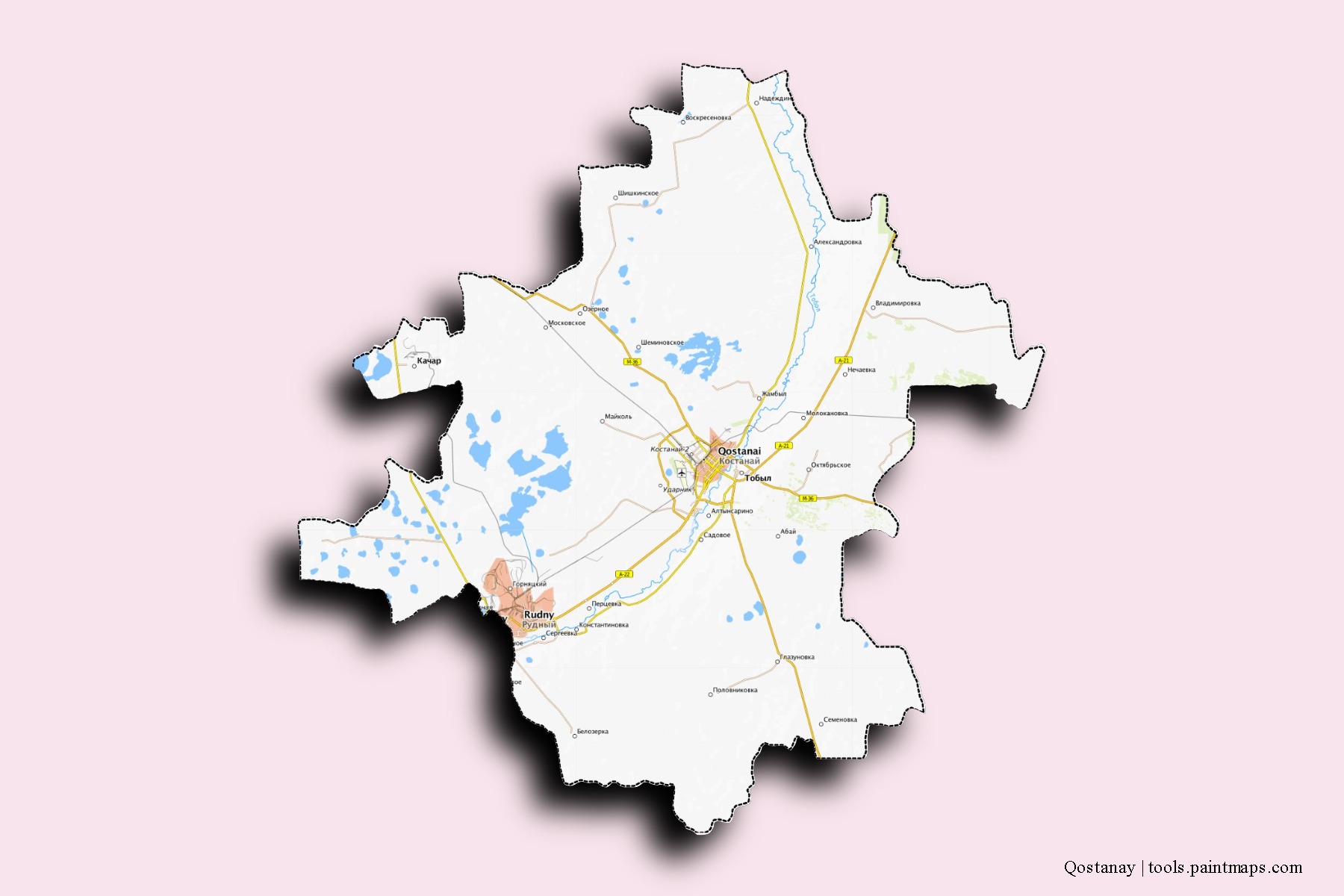 Mapa de barrios y pueblos de Qostanay con efecto de sombra 3D