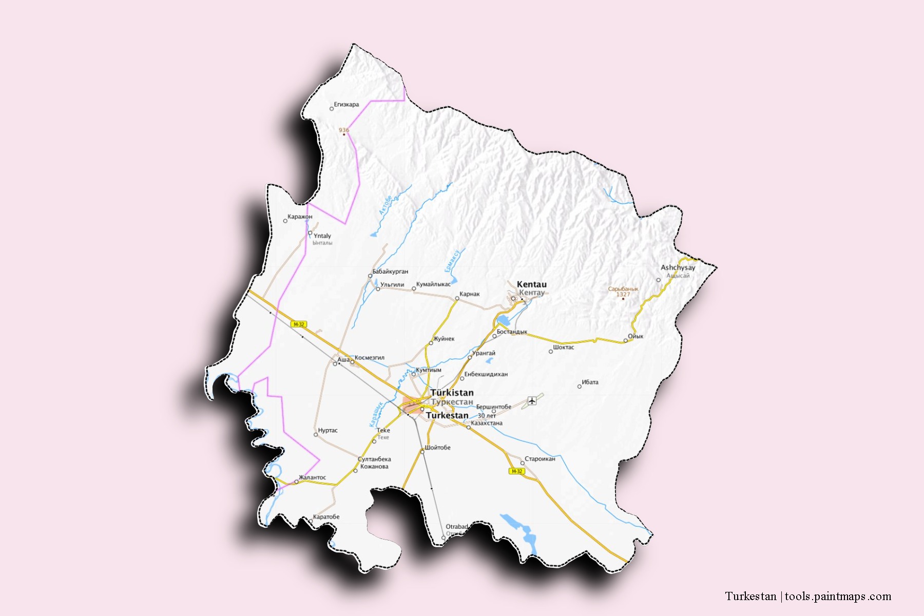 Mapa de barrios y pueblos de Turkestan con efecto de sombra 3D