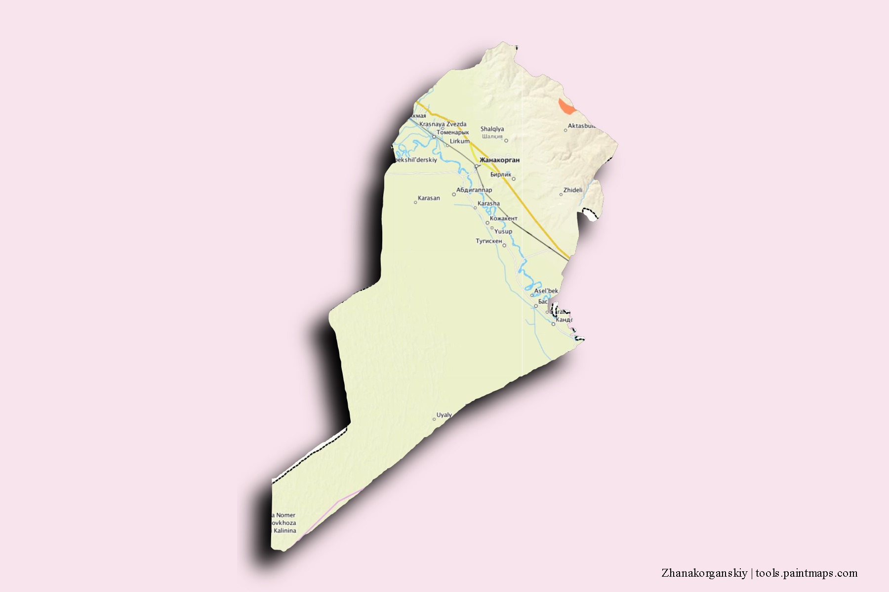 Zhanakorganskiy neighborhoods and villages map with 3D shadow effect