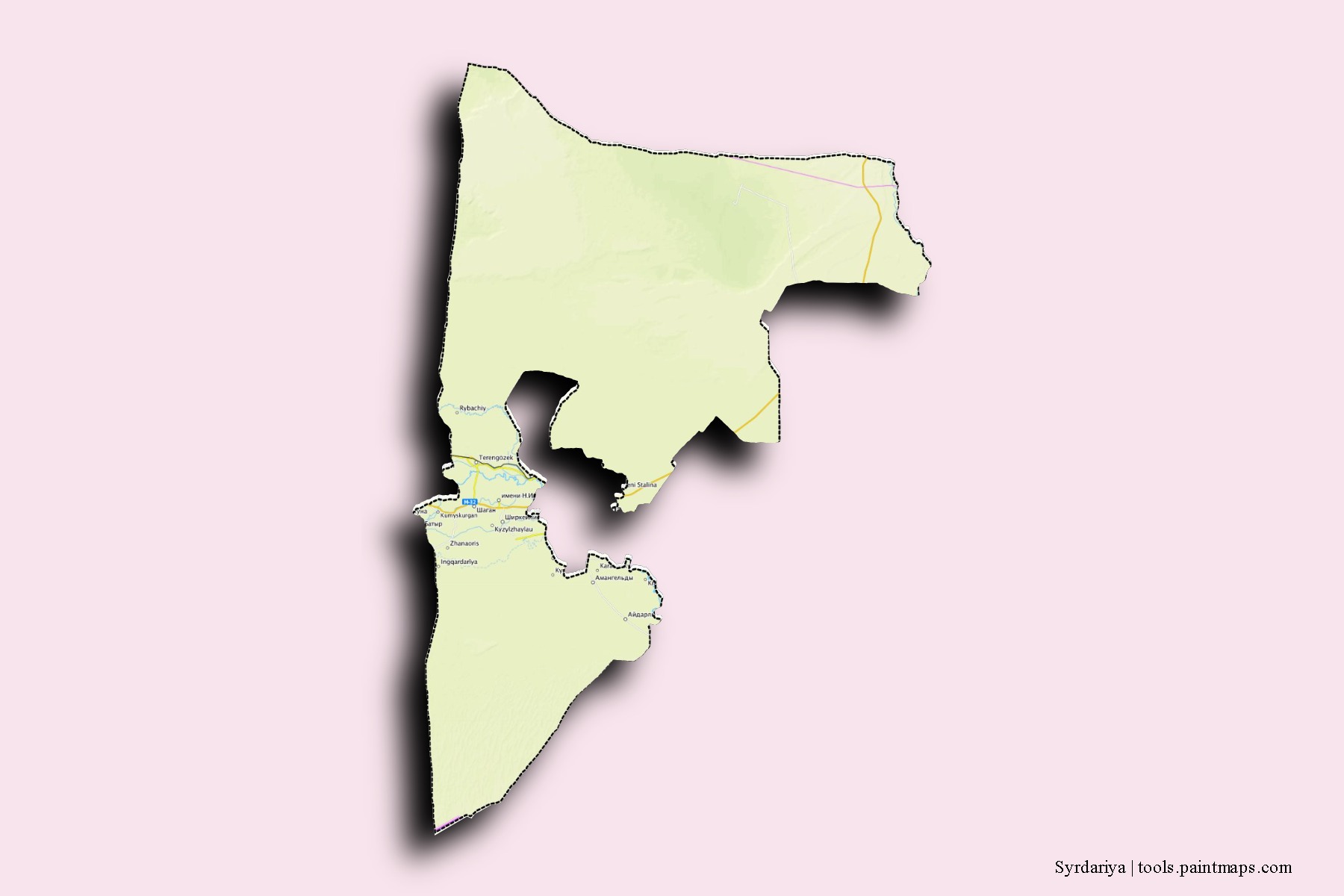 Mapa de barrios y pueblos de Syrdariya con efecto de sombra 3D