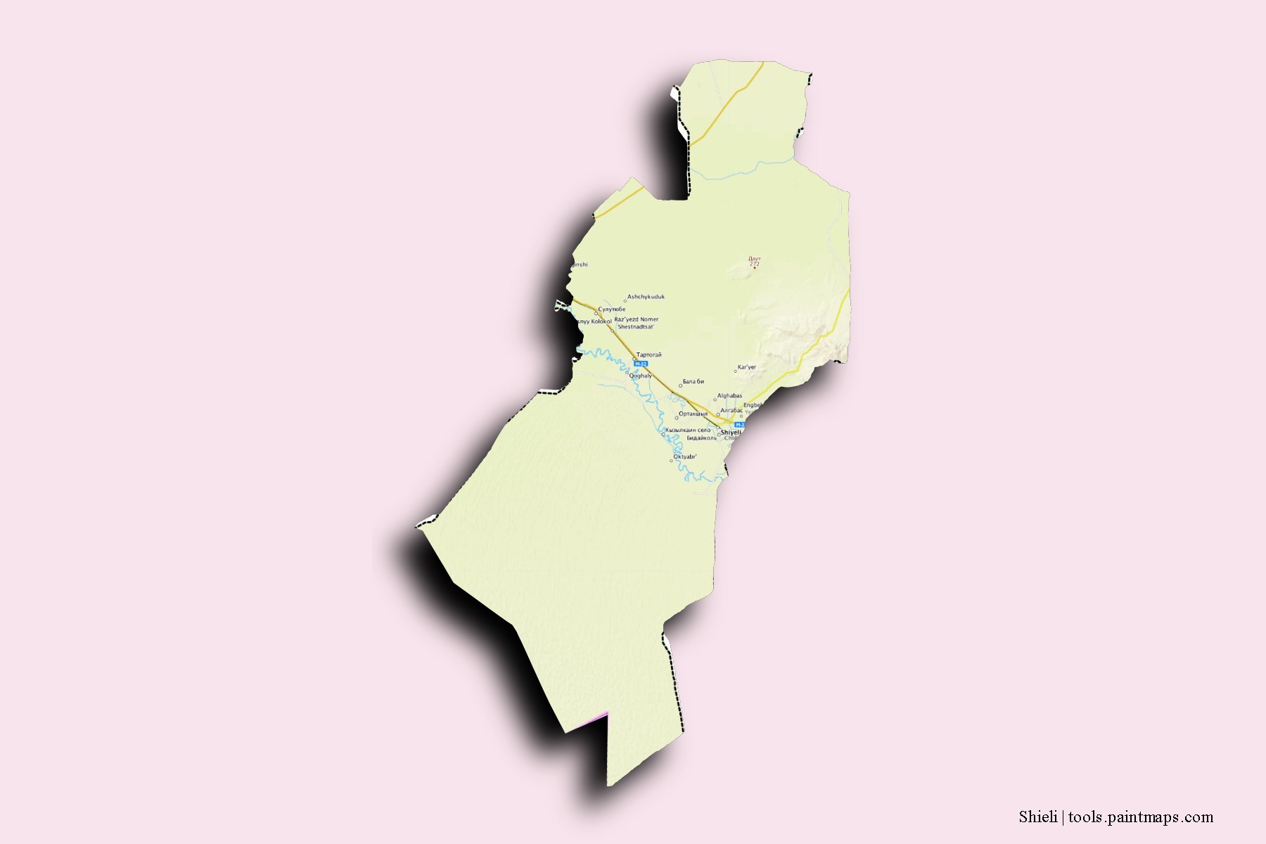 Mapa de barrios y pueblos de Shieli con efecto de sombra 3D