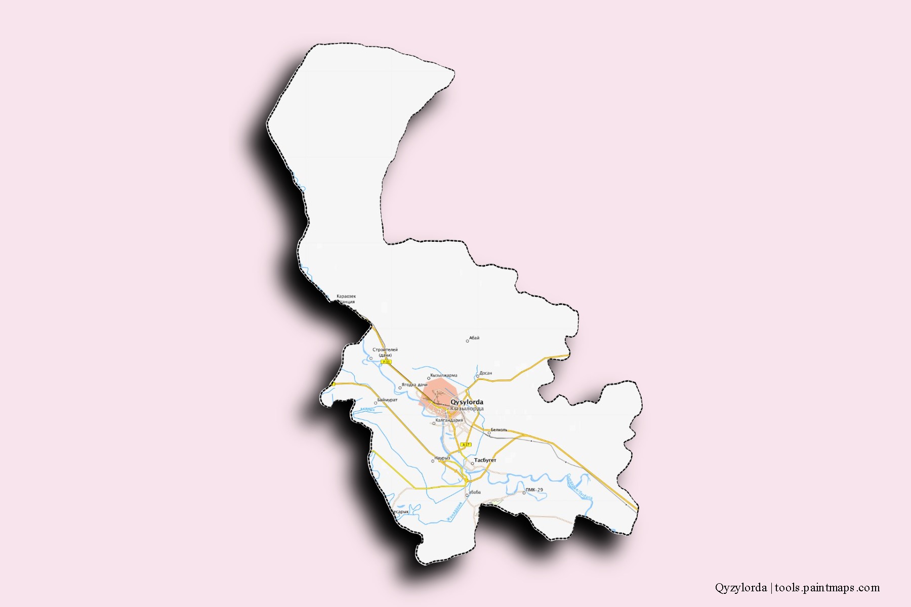 Mapa de barrios y pueblos de Qyzylorda con efecto de sombra 3D