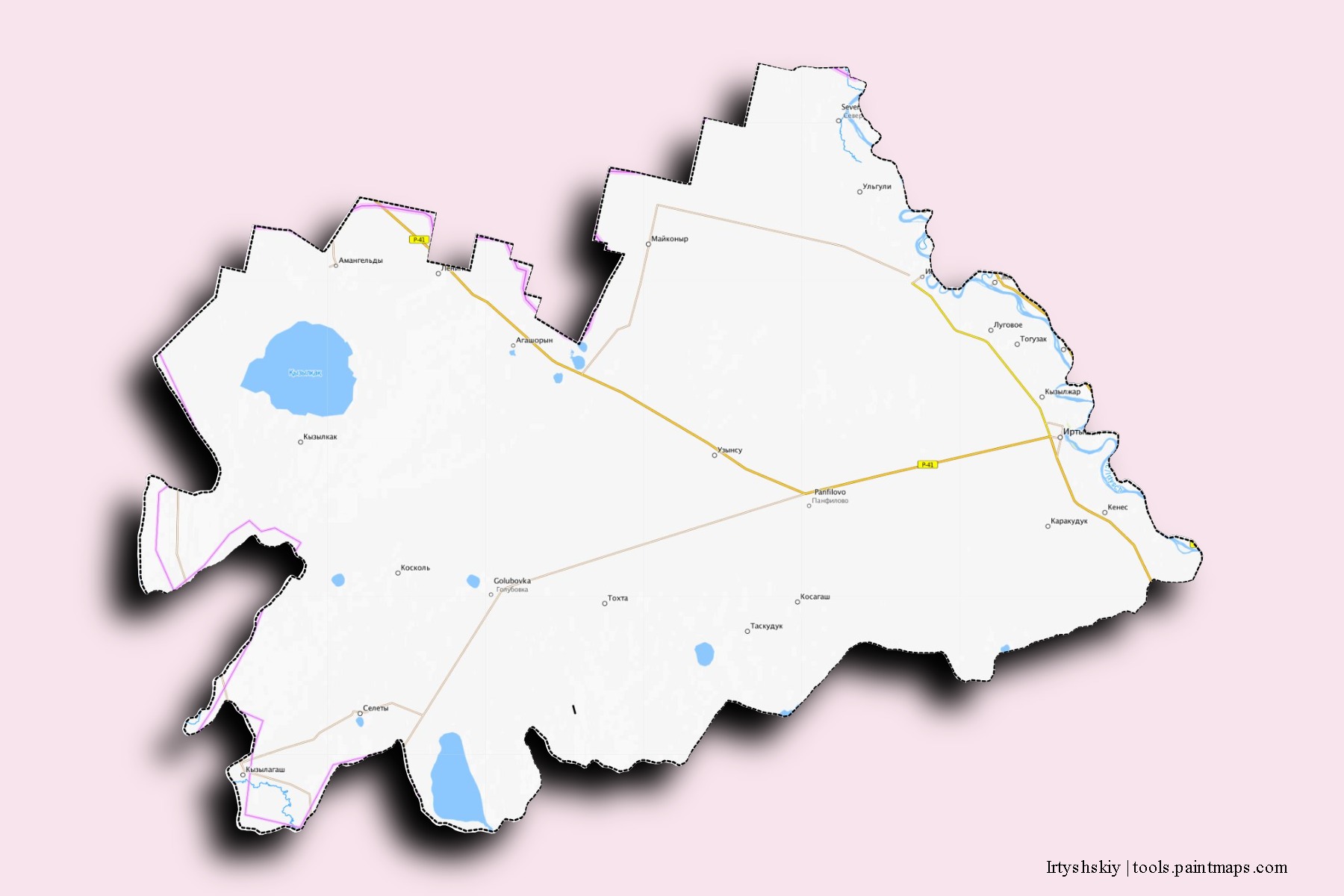 Mapa de barrios y pueblos de Irtyshskiy con efecto de sombra 3D