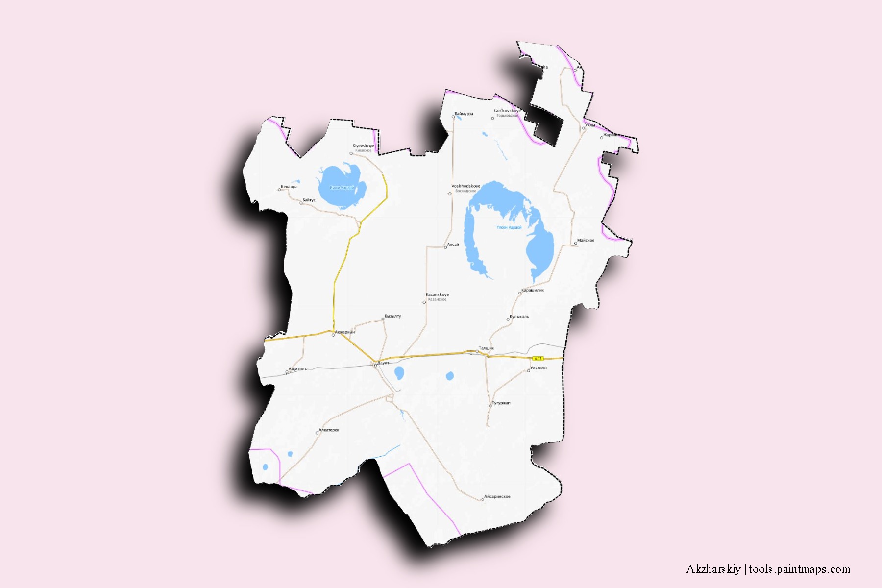 Mapa de barrios y pueblos de Akzharskiy con efecto de sombra 3D